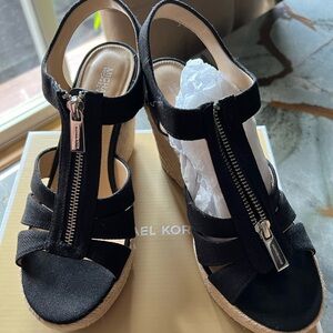 Michael Kors Berkeley Wedge Canvas Sandal.  Black canvas with silver zipper.